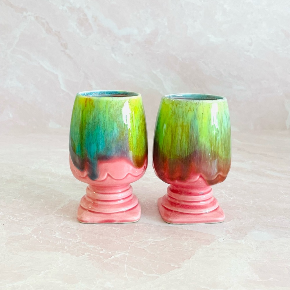 Vibrant Pink & Green Ceramic Goblet Planter Pair